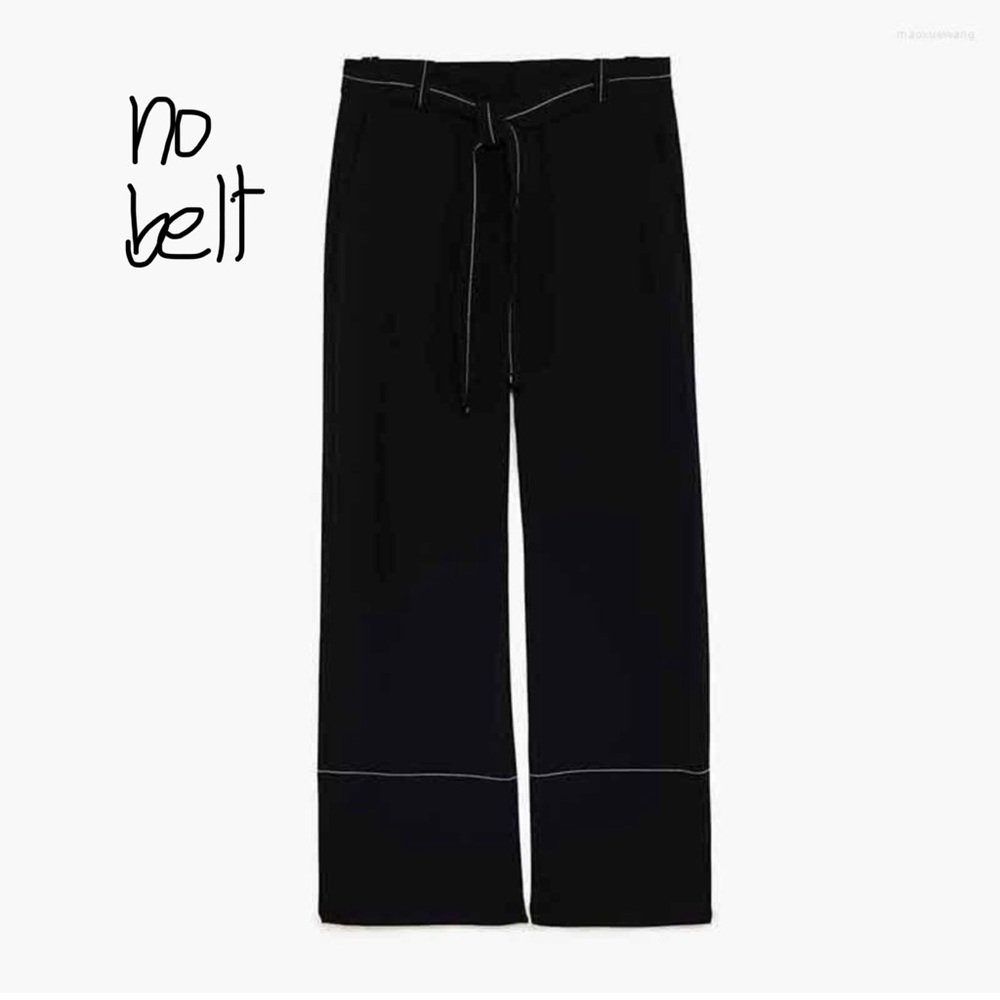 Used Zara Tall Black Wide Leg Trousers Pants Contrast White Stitching Small